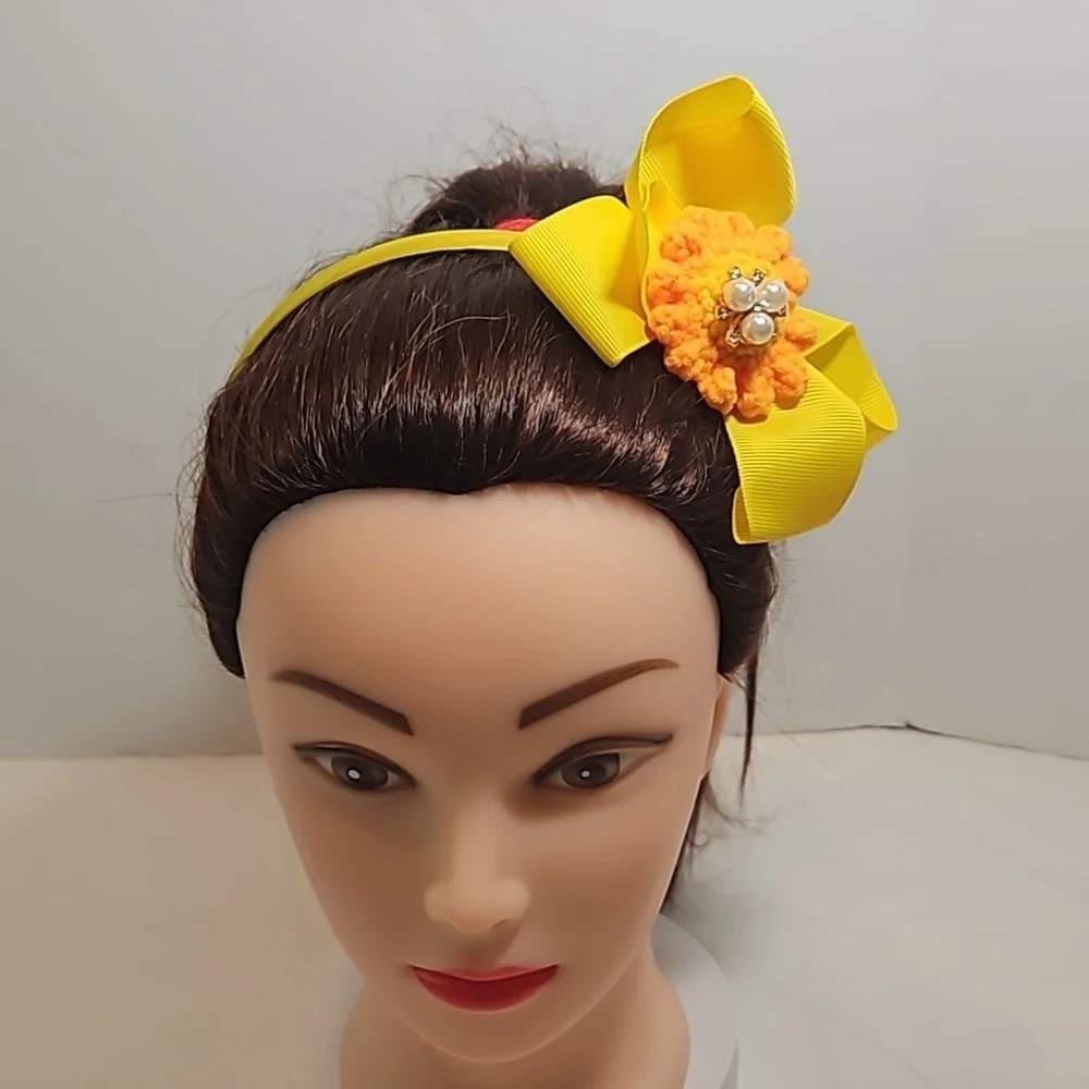 Hand Crafted yellow bow hairband hand crochet flower faux pearls beads floral